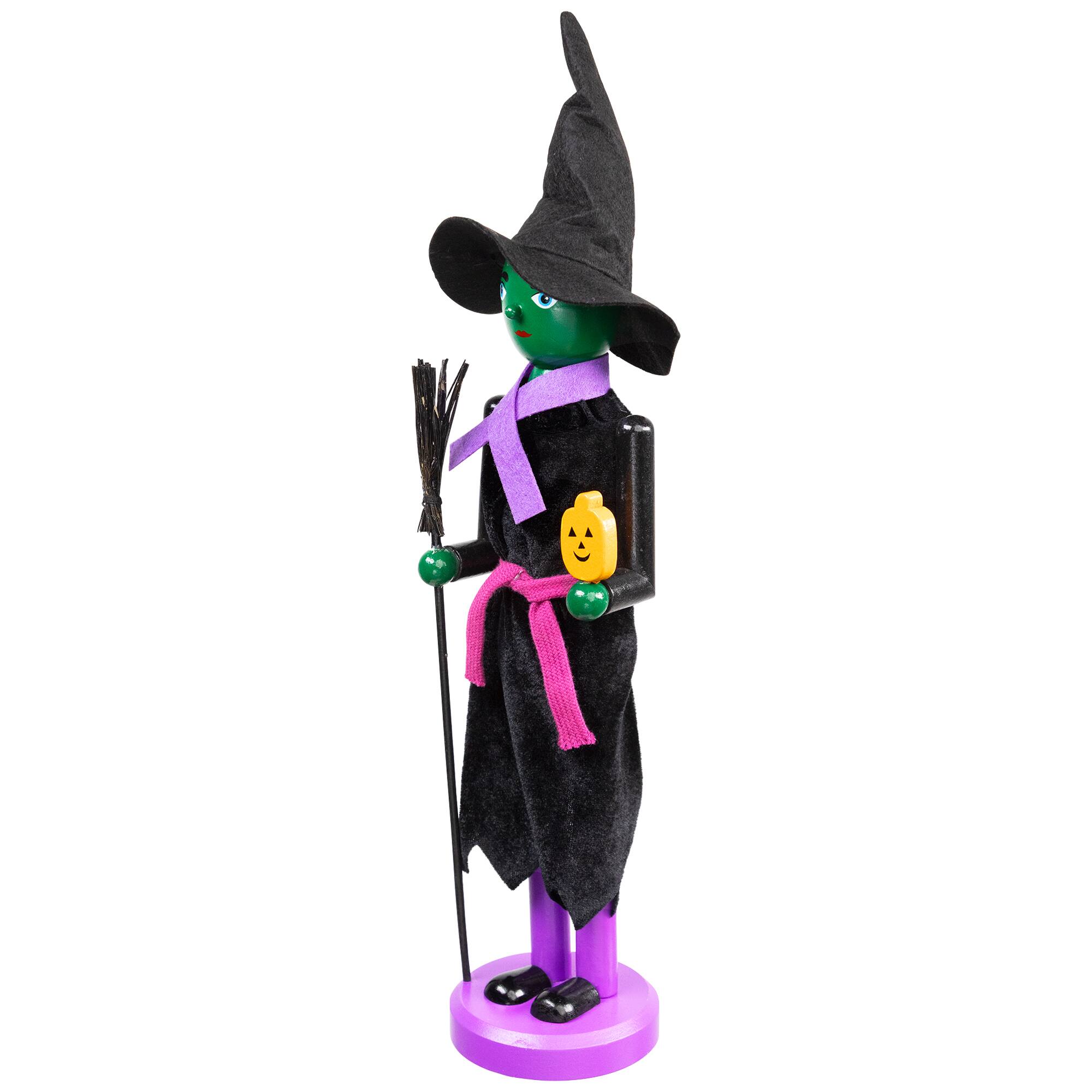 Green Wooden Witch Holding Broom & Jack-O-Lantern Halloween Nutcracker